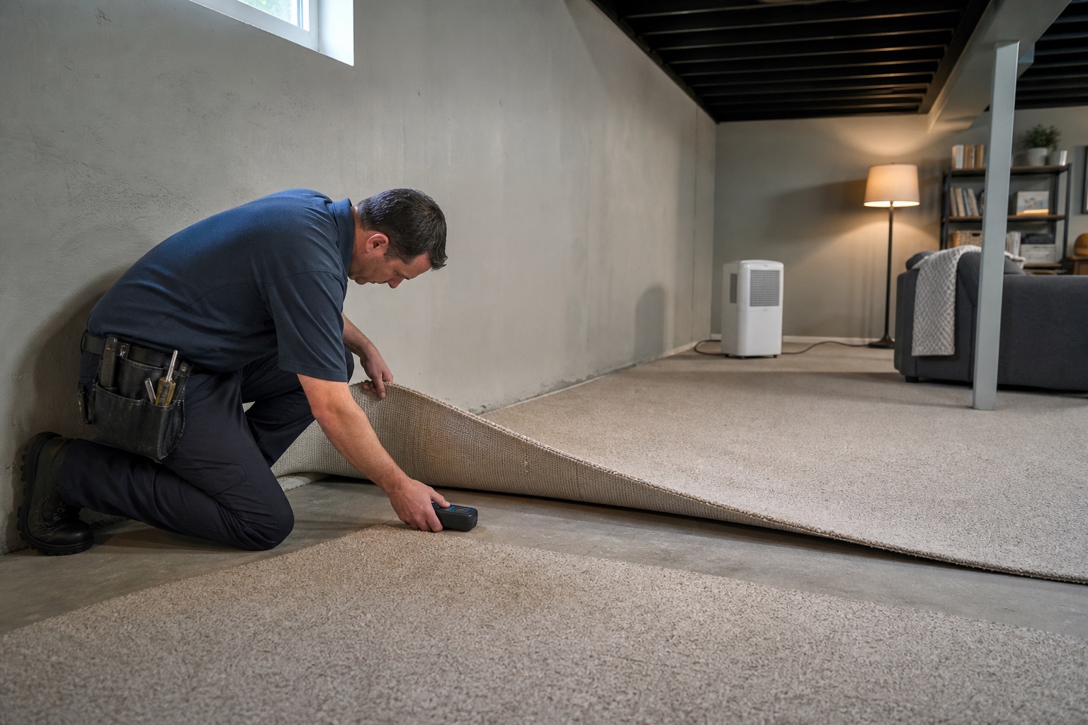 Water damage technician evaluating moisture conditions
