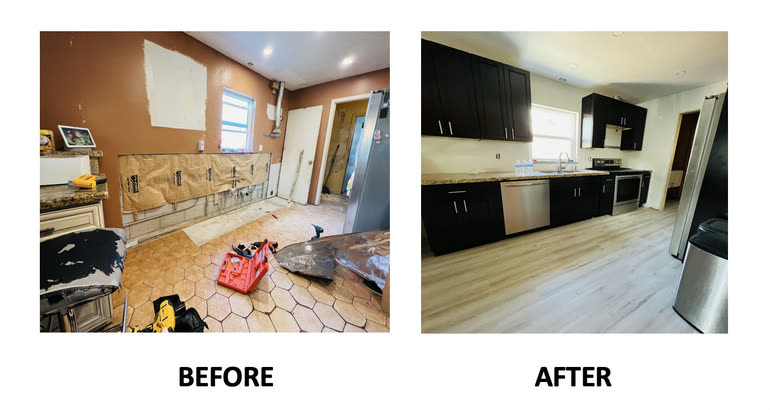 Illustrative before-and-after view of water-damaged materials and a restored interior
